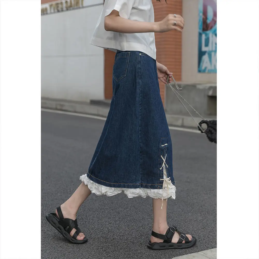 

Personalized lace stitching design sense denim skirt women's spring new Korean high waist versatile skirt