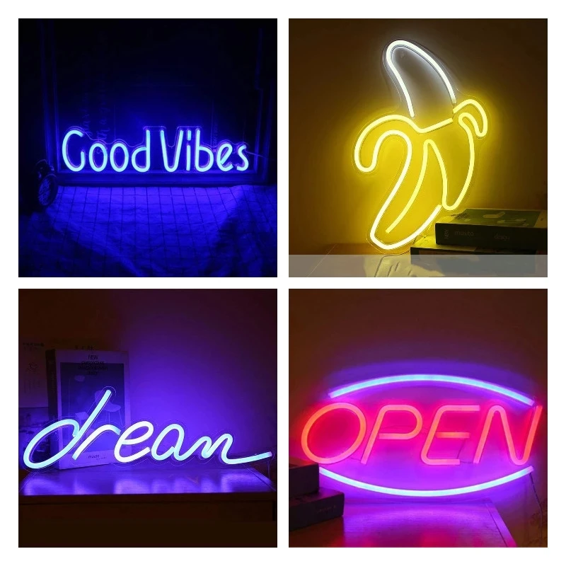 

LED Neon Light USB Sign GoodVibes Banana Open Popsicle Hello Led Backplane Neon Lights for Bedroom Wall Decoration Night Lamp