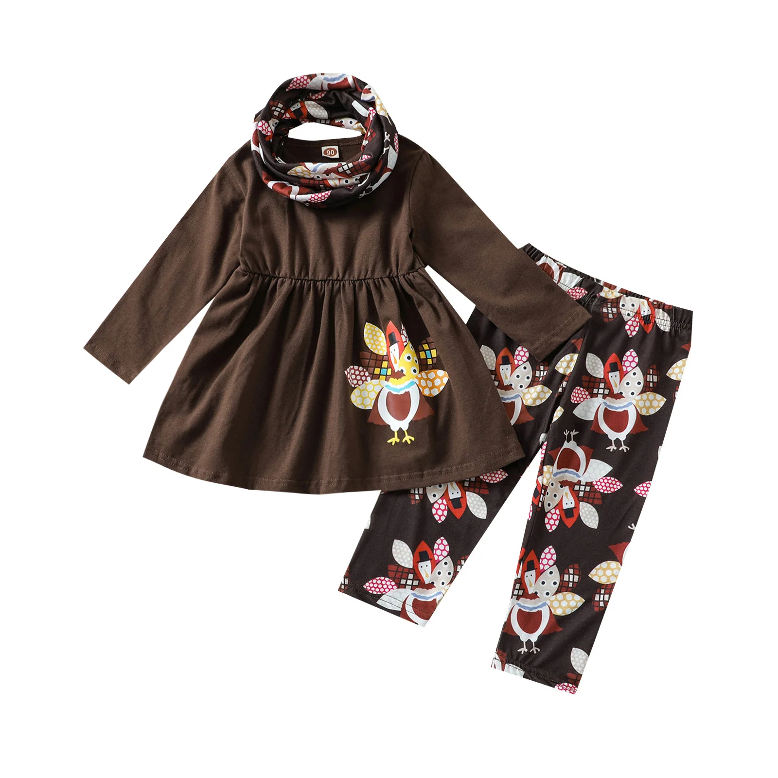 

3 Pcs Infant Thanksgiving Day Outfits, Baby Girls Long Sleeve Round Neck Pullover + Leopard/Turkey Print Pants + Neckerchief