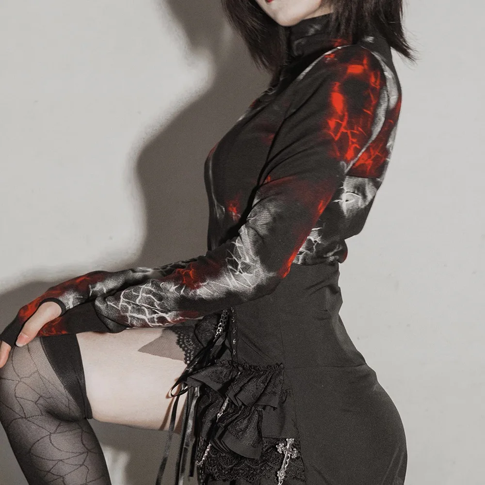

T-Shirt Gloves Gothic Cobweb Dark Black Punk High Collar Base Shirt Long Sleeve Ladies Original Blood Women New Style 2021 Cool