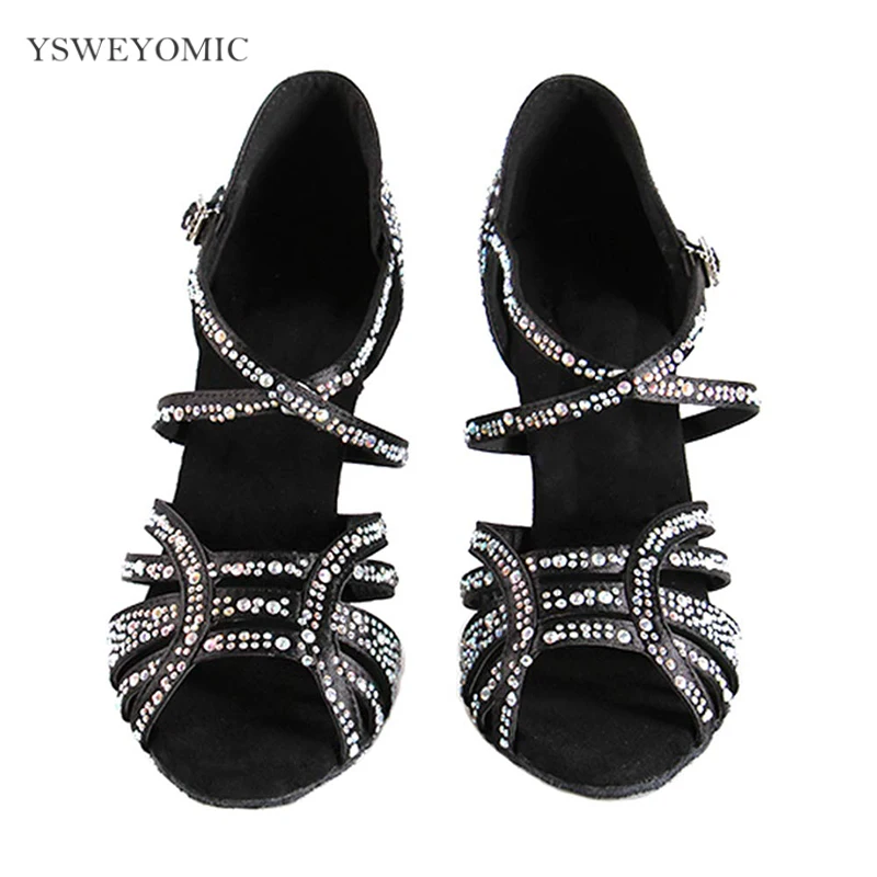Suede Outsole Dance Shoes Blue Black Satin Crystal 3inch High Heel Professional Customizable Colors Salsa Latin Dance Shoes