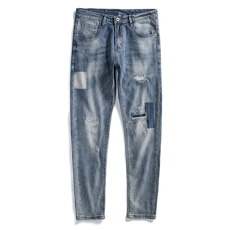 Повседневные мужские рваные синие джинсы мягкие Стрейчевые однотонные
