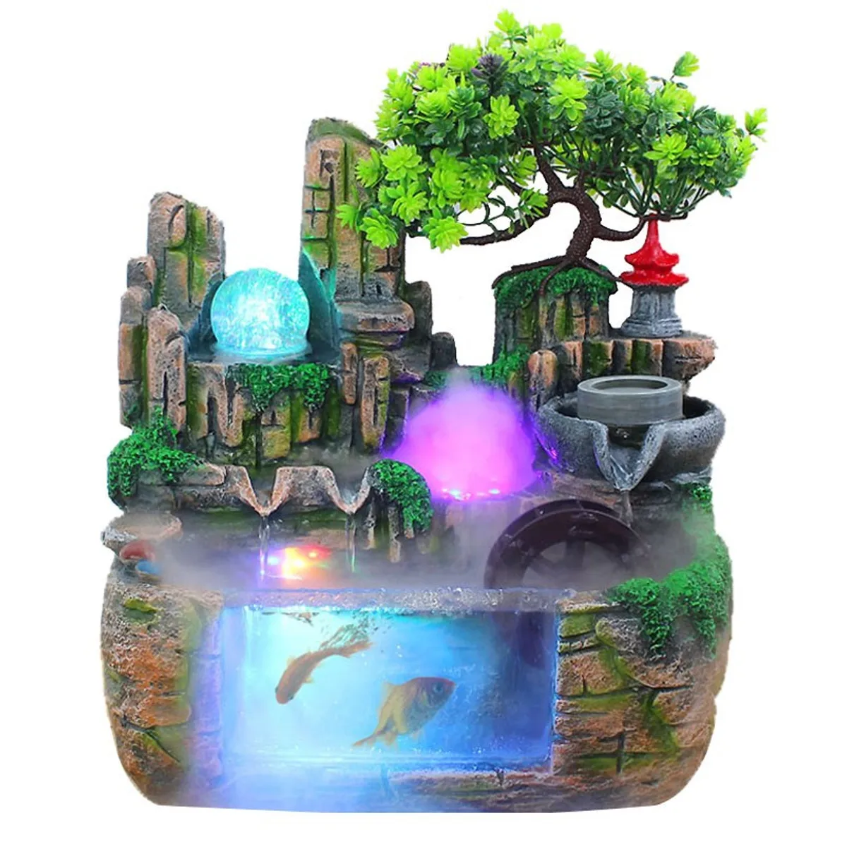 A Rockery настольный фонтан с орнаментом, фонтан с подсветкой светодиодный светильник распылитель увлажнитель водопады, с аквариумом - Цвет: A