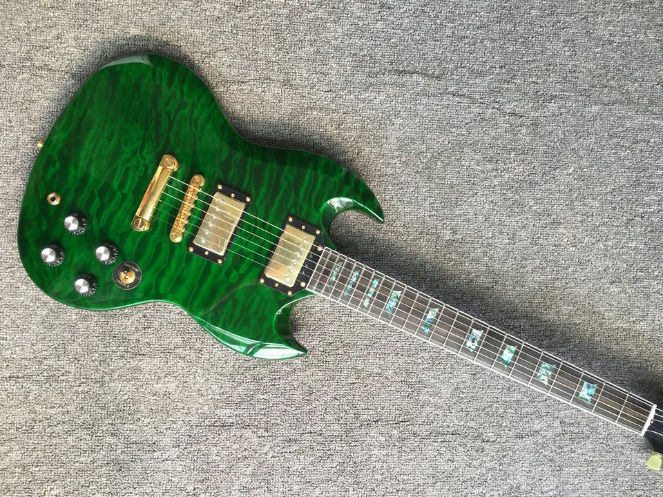 

custom shop electric guitar mahogany wood body and neck with qulited maple top green color sg guitar