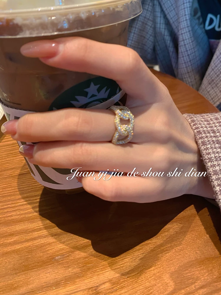 

Everyday Joker Ring ~ Super Flash Net Red Full Diamond Trendy Cool Chain Open Wide Surface Index Finger Adjustable Female Fashio