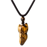 ethnic style handmade weave lovely fox natural tiger eye stone pendant rope chain necklace animal jewelry