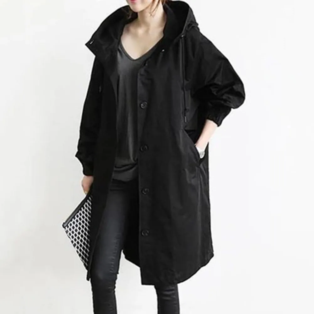 

2021 Women's Autumn New Windbreaker Long Coat Casual Simple Fashion Style Solid Color Big Pocket Hooded Single-breasted Top