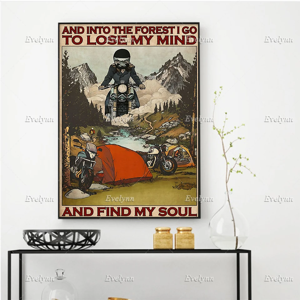 

Motorcycle Racer Rider Bike Girl Poster Camping Camper And Into The Forest I Go To Lose Prints Home Decor Canvas Floating Frame
