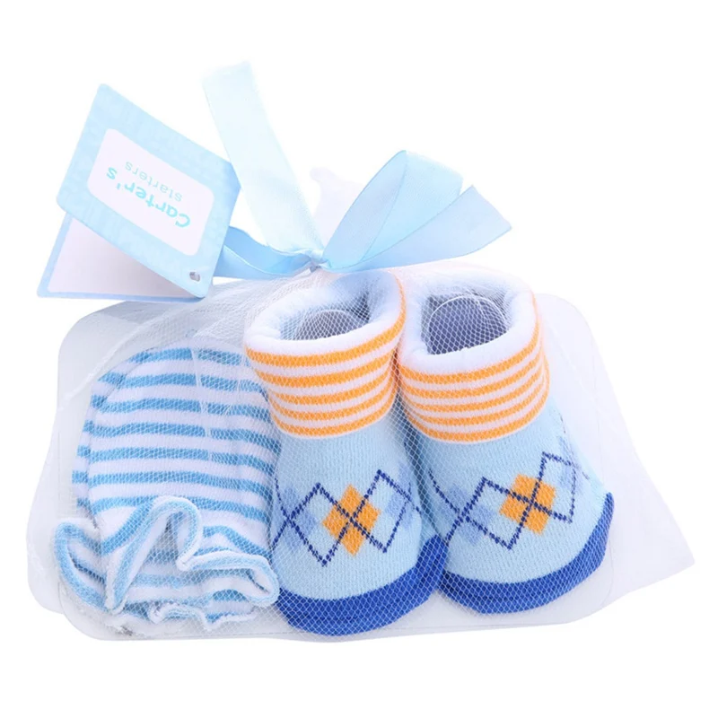 Newborn Socks + Anti-grab Gloves Set Cute Cartoon Spring Autumn Baby Striped Dot Cotton For 0-12 Months |