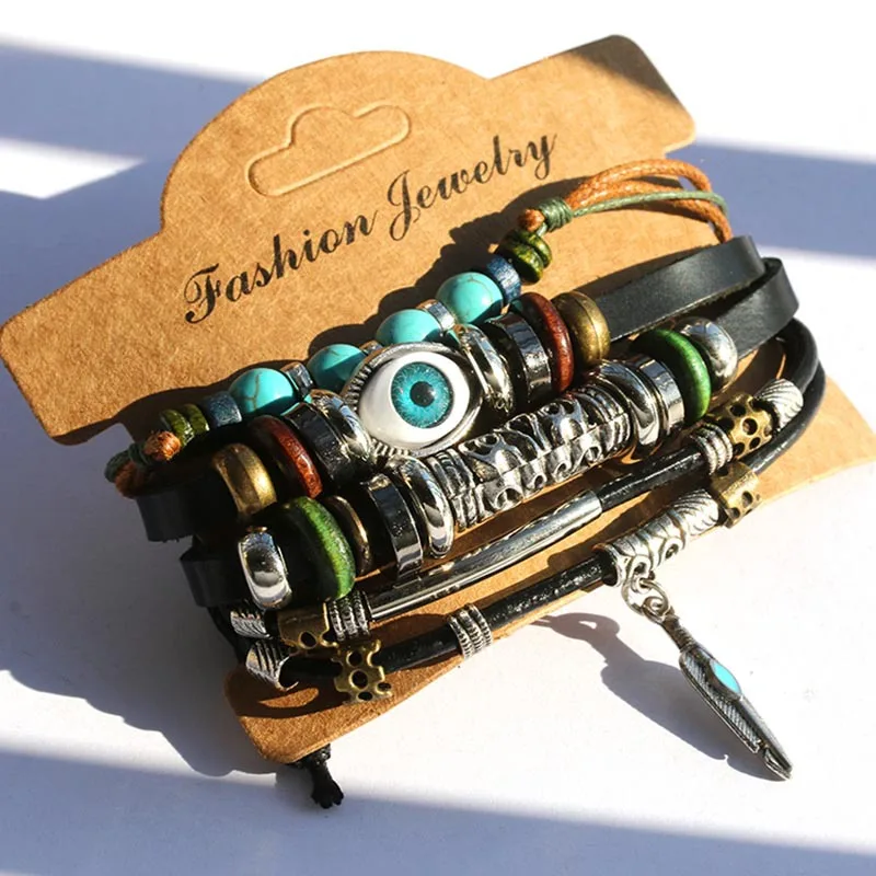 Винтажный Многослойный кожаный браслет из натурального камня мужской Плетеный