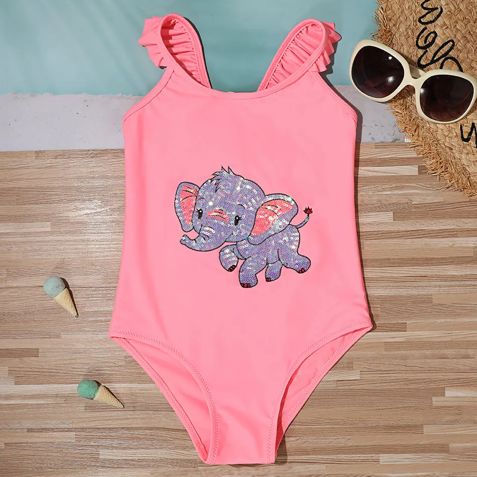 

Слитный купальник с блестками в виде слона для девочек, детский купальник, купальные костюмы с рюшами и ремешками для маленьких девочек, пляжная одежда Монокини