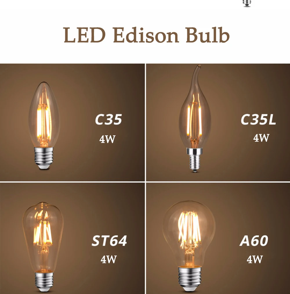 Светодиодная лампочка эдисона E27/E14, винтажный светильник, лампочка 220V 4 W, прозрачная стеклянная лампочка, энергосберегающая безопасная лампочка ST64 C35 C35L A60