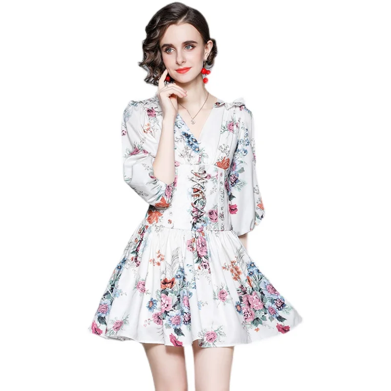 

French Vintage Court Style Corset Dress Ladies Ruffled Printed Lantern Sleeve Summer V Neck Women Clothes