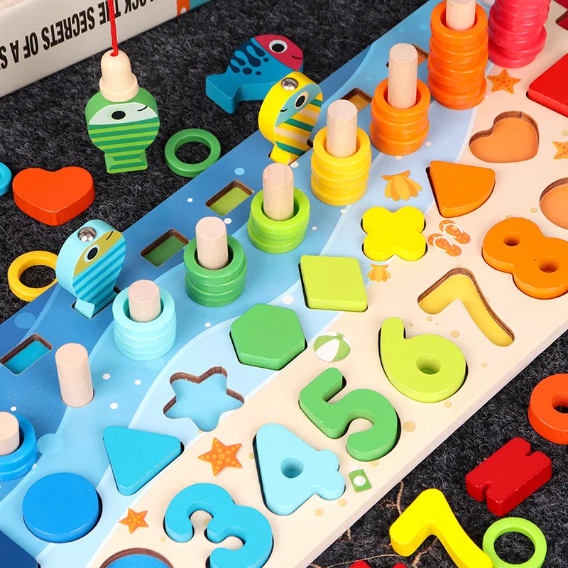 

Montessori Educational Wooden Toys For Children Kids Busy Board Math Fishing Preschool Wooden Montessori Toys Count Geometric