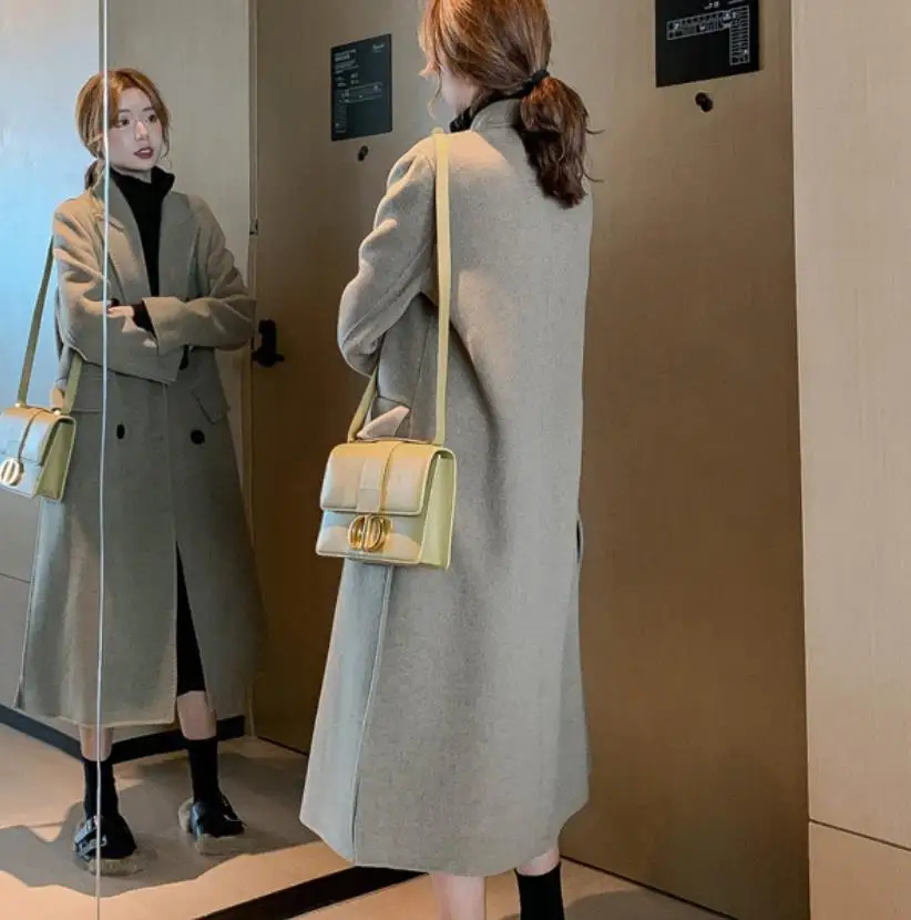 

Autumn winter double breasted loose woolen coat women straight long overcoat plus size