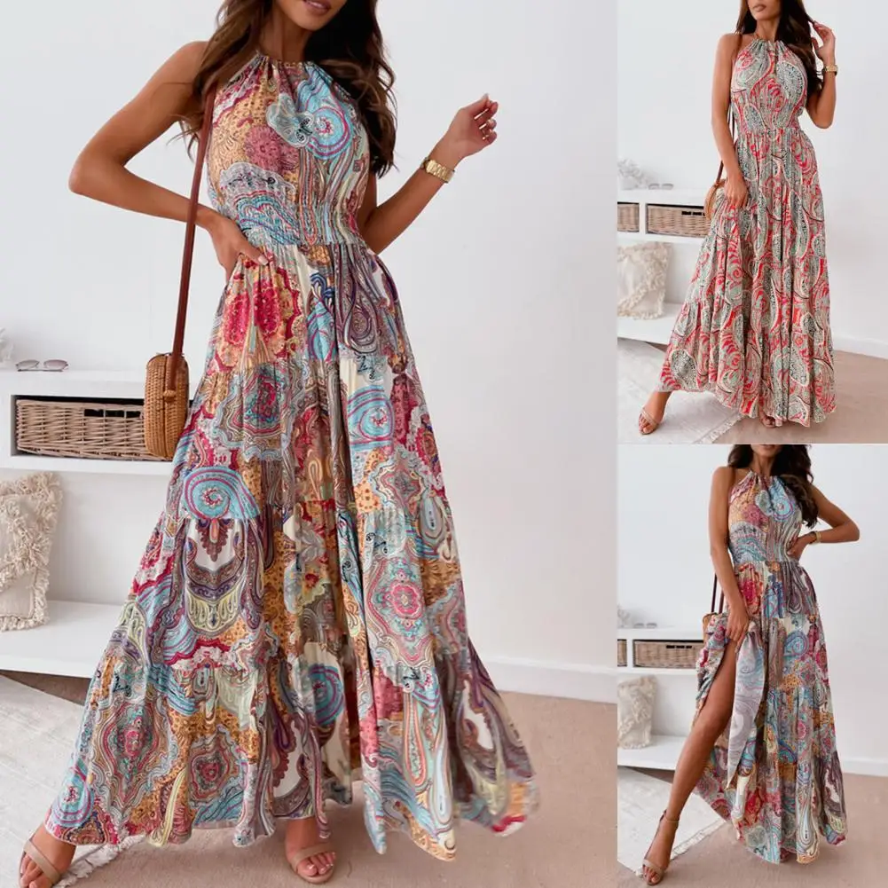 

New Vintage Party Dresses For Women Floral Print Ethnic Print Wide Hem Dress Vintage Women Halter Backless Dress for Daily Wear