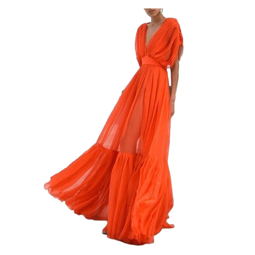 

Women Elegant Lace Long Dress Sexy Maxi See Through Floral V-Neck Evening Party Plus Sizes Dresses Vestidos Orange