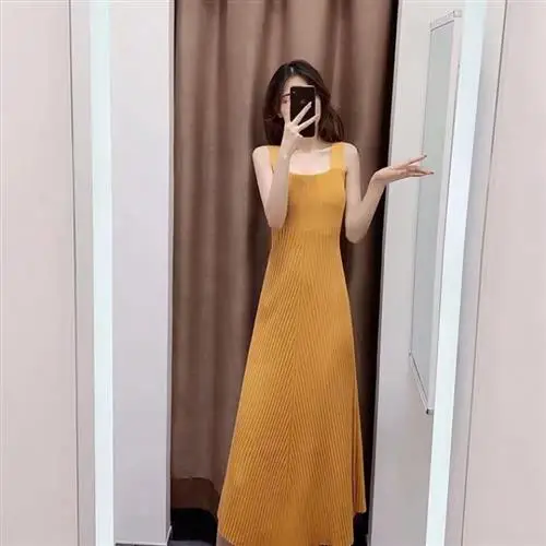 

2020 new knitted sling dress Spring summer autumn women A word show high-waisted mid-T long vest dress Hollow Out