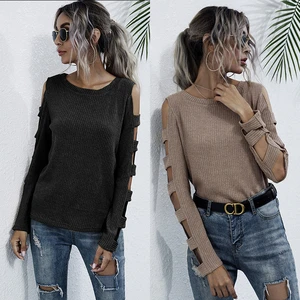 2021 Autumn O-Neck Hollow Long Sleeve Knitted Sweater Solid Color Slim-fit Womens Bottoming Sweater Straplesss Tops Pullover