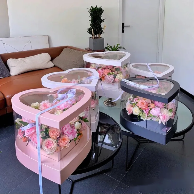 

1pcs Heart-Shaped Panoramic Window PVC ai xin he Giant Flower Pot Bridal Bouquet Cartridge Rose Flower Packaging Transparent Box
