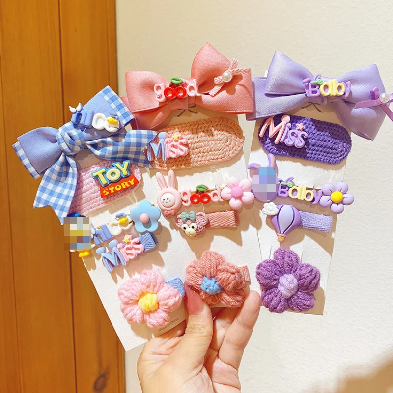 

5 Pcs/Set Children Cute Acrylic Cartoon Knited Flower Bow Ornament Hair Clips Baby Gilrs Colors Hairpins Kids Hair Accessories