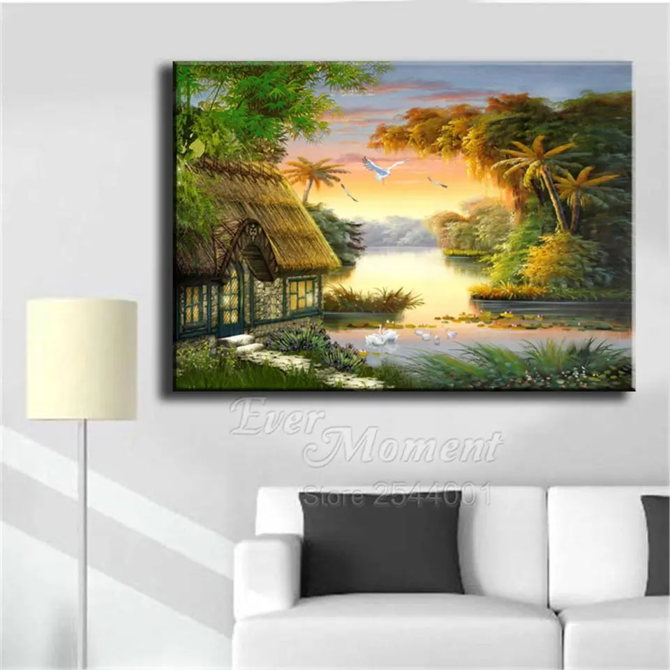 Алмазная картина Ever Moment, пейзаж, дом, река, Полная площадь, стразы, 5D, сделай сам, алмазная вышивка ASF1807