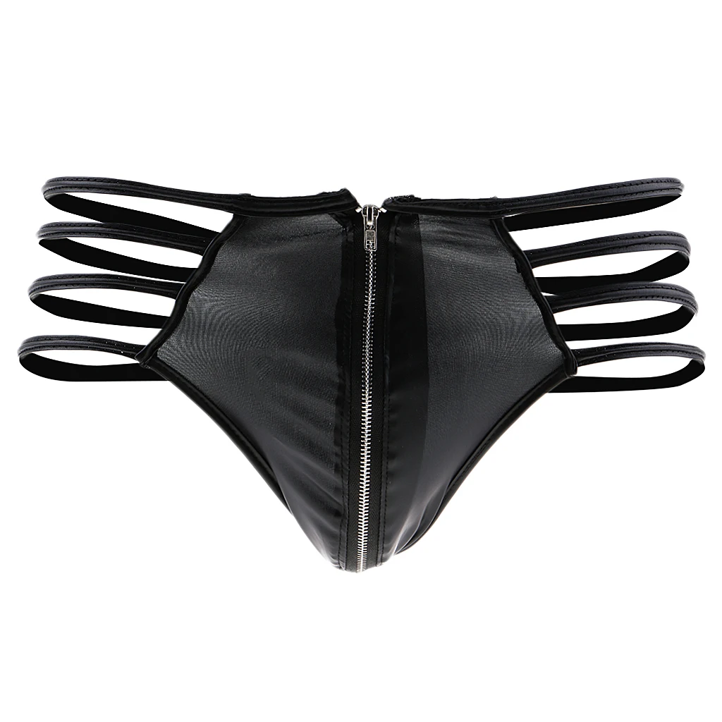 

Men Black Artificial Leather Pouch Thong Front Zip Closure T Back Pants