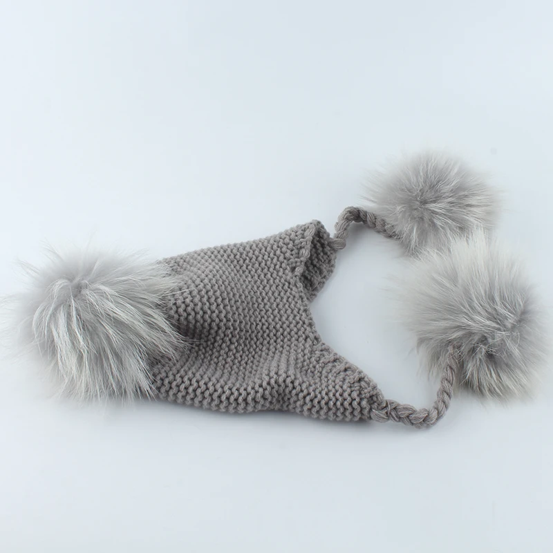 Детская шапка с помпонами теплые вязаные шляпы настоящим мехом для детей зимние