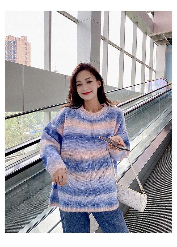 

Rainbow Stripe Halloween Sweater Women Knitted Tops Winter 2020 Streetwear Fashion Long sleeve Pullover Female Pink knit Sweater