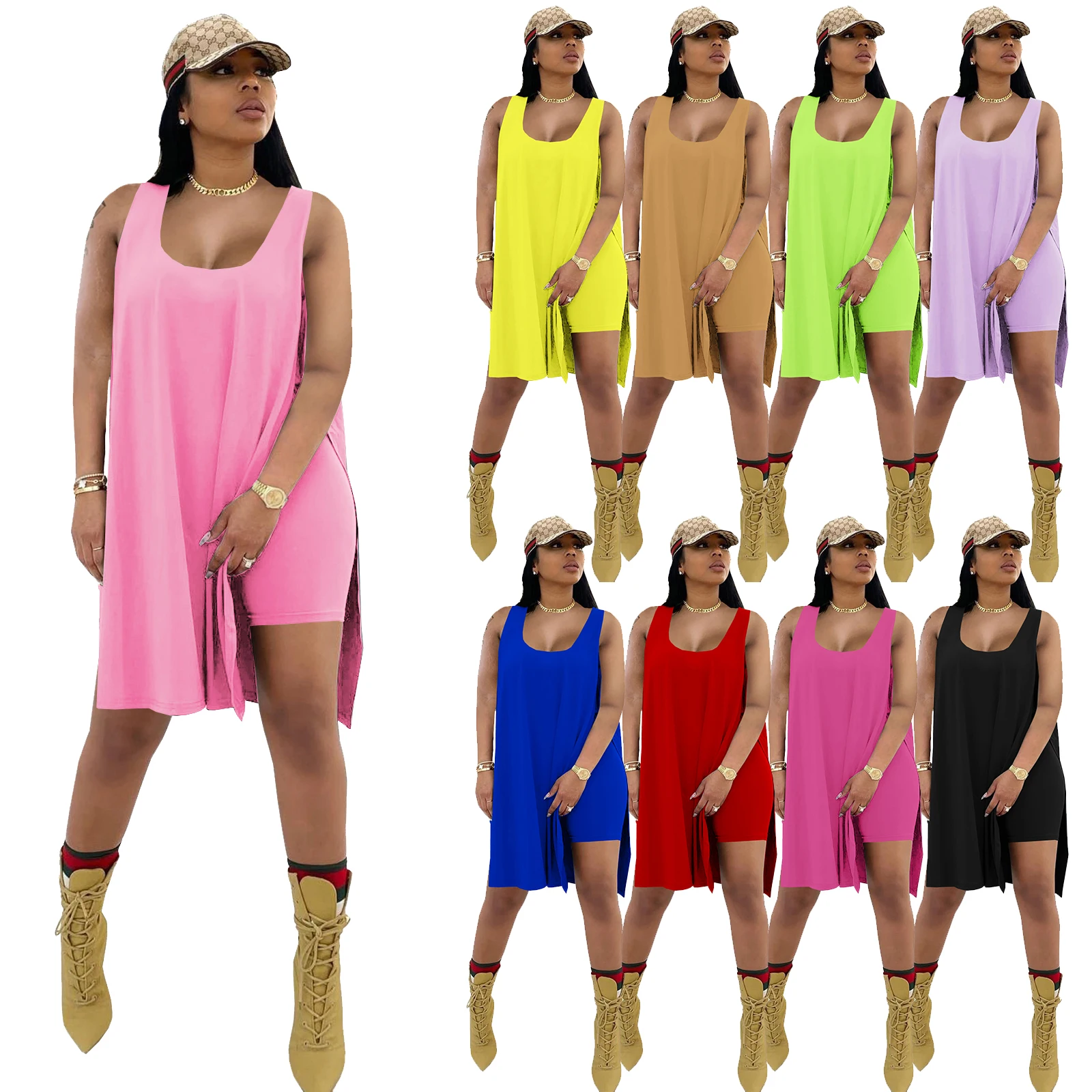 

Summer Casual Sportswear Two Piece Sets Sleevelss Lounge Wear Solid Side Slit Two Piece Shorts and Shirt Set for Women