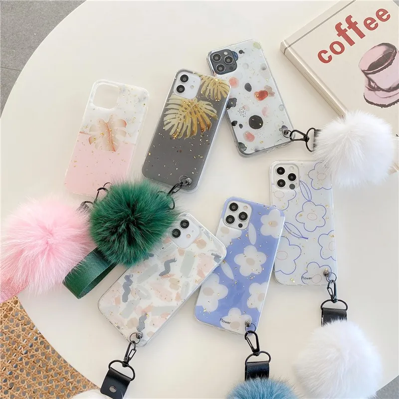 

Fashion Bling Flower Hair Ball Lanyard Soft Case For Iphone 11 12 Pro Max 7 8 Plus Xr X Xs Se 2020 Geometry Phone Cover Fundas