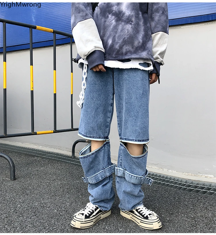 Мужские и женские уличные панк корейские джинсы Harajuku съемное кольцо с молнией пояс Завитая лента свободные джинсовые женские укороченные брюки больших размеров шаровары Хип-хоп
