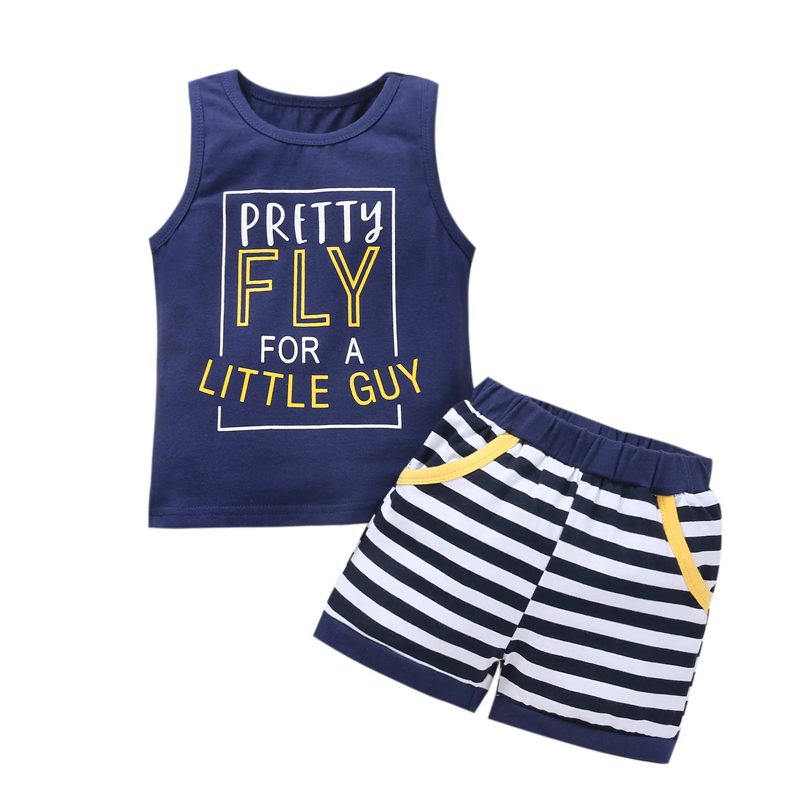 

2Pcs Baby Boy Summer Outfits Cute Letter Print Sleeveless Tops + Striped Shorts Set