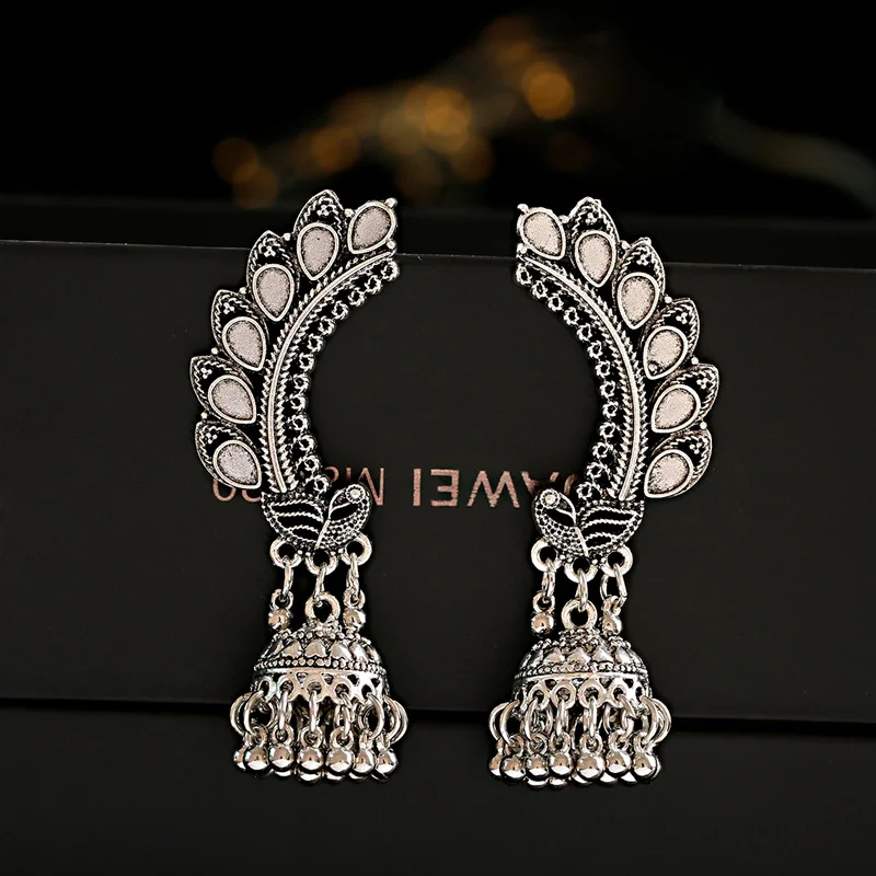 Ретро Женский Индийский Болливуд павлин Jhumka Jhumki Серебряный Большой колокольчик Длинная кисточка Висячие серьги цыганский Египетский племенной ювелирные изделия подарки