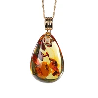 s925 sterling silver gold plated natural amber piebald amber retro drop shaped coins ladies sweater chain pendant