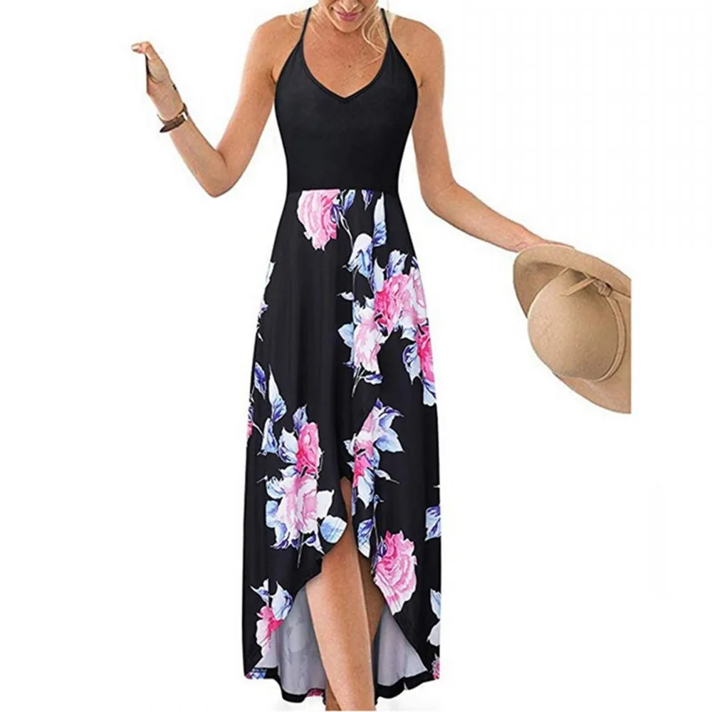 

Sling Long Skirt 2021 Fashion Summer New Sexy Women's High Waist V-neck Sleeveless Halter Backless Color Matching Printed Dress