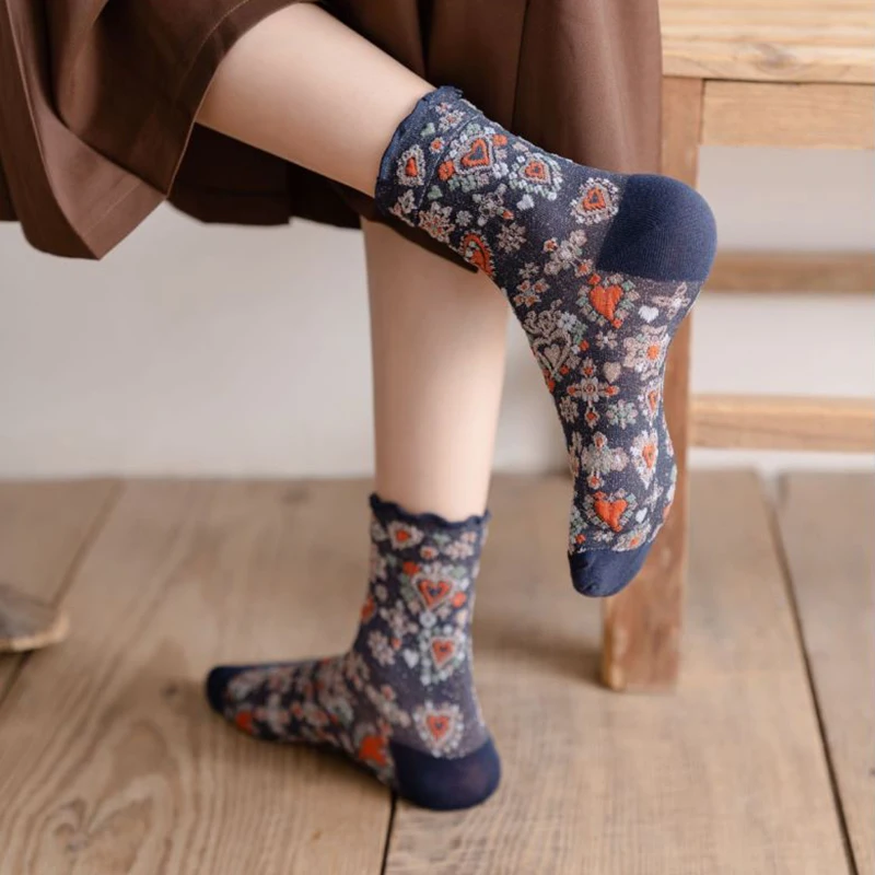 3 Pairs Long Cycling  Winter Socks Women Fashion Print Korean Cotton Socks Pack Street Style Harajuku Flowers Chaussettes Femme