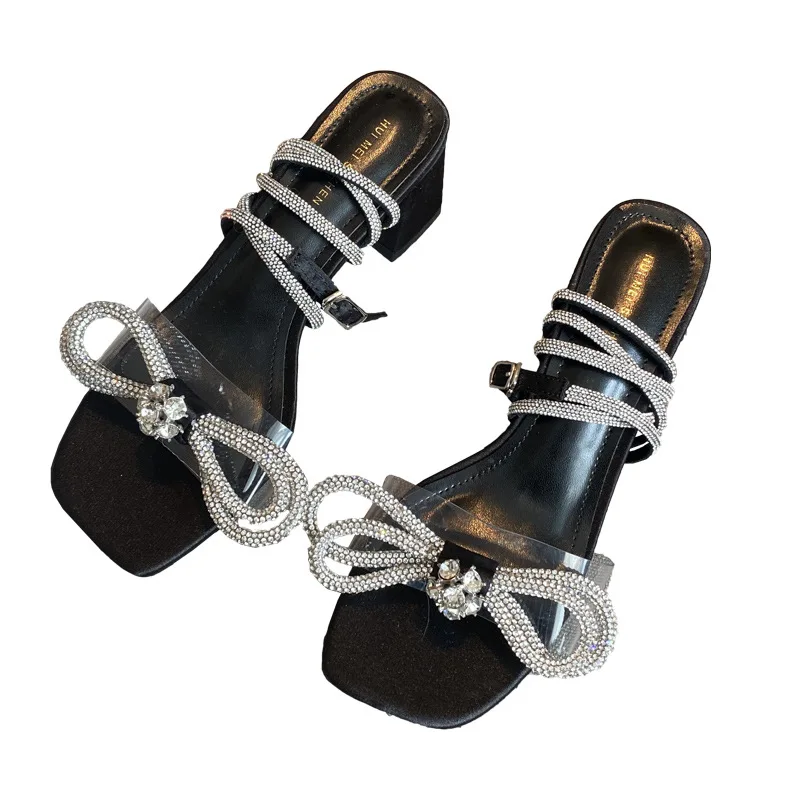 

2021 Sandals Female Shoe Open Toe High Heels New Rhinestone Girls Peep Fashion Square Comfort Bow High-heeled Low Block Beige Ro