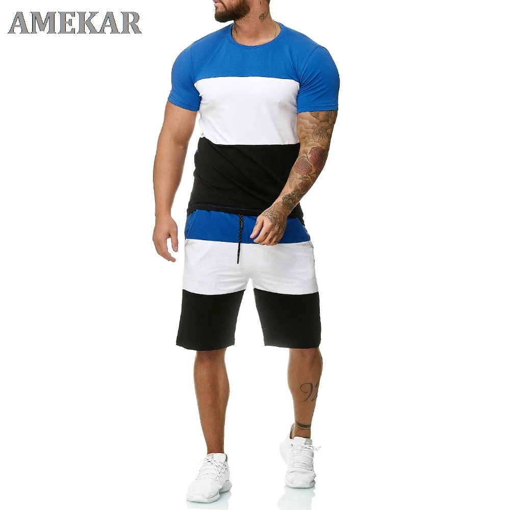 

Men's Sets Mens 2 Piece Outfit Jogger Set Stripe Print Sweatsuits Casual Shorts Set Summer Fashion Clothing Male Short Tracksuit