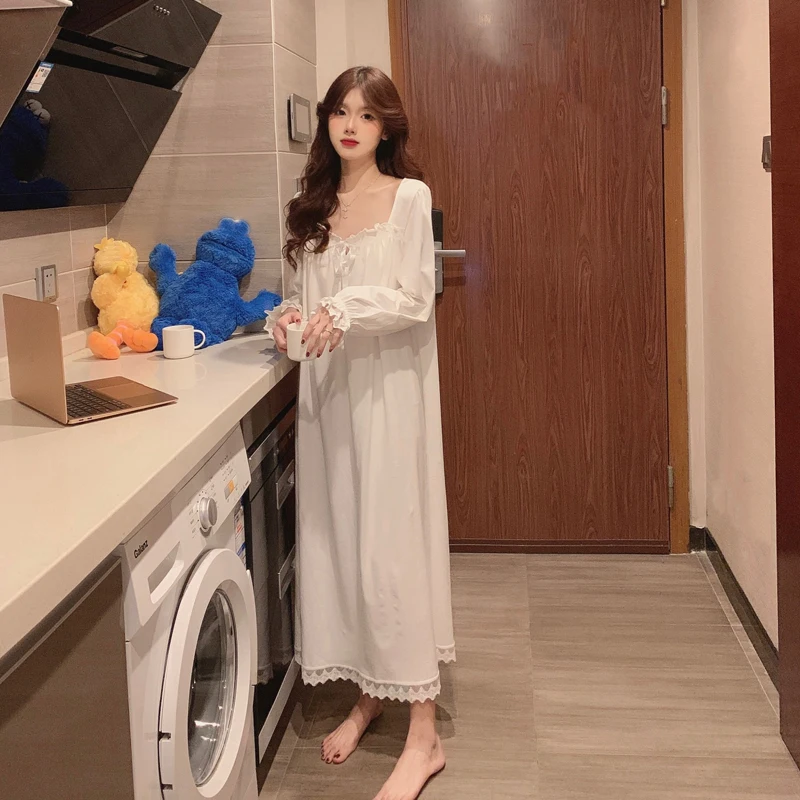 Women Pajamas Set PrincessPalace Style Nightgown Sexy Lace Long Sleeved Nightwear  Sleep Clothing Winter Korean Sweet Nightdress