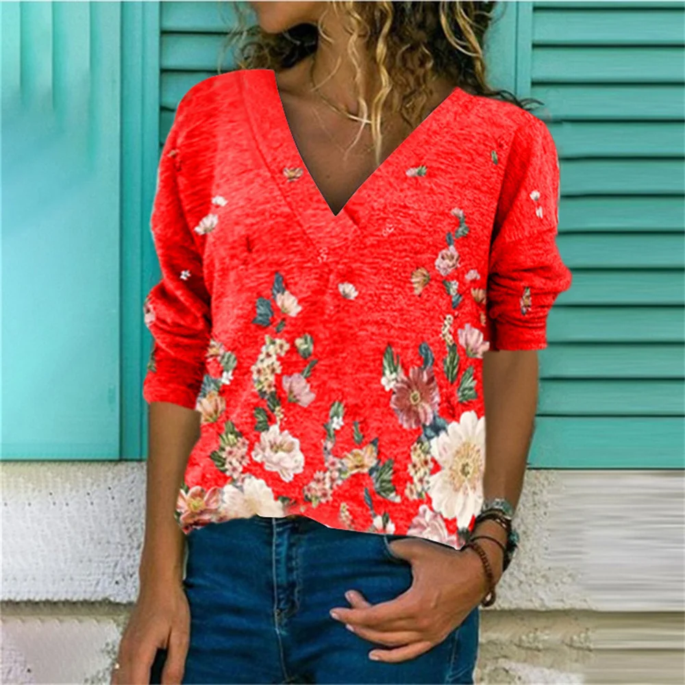 

Sexy V Neck Pullover Flower Printed Women's T Shirt 2021 Spring Autumn Casual Long Sleeve Loose Ladies Oversized T Shirt Tops
