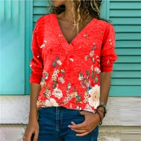 sexy v neck pullover flower printed womens t shirt 2021 spring autumn casual long sleeve loose ladies oversized t shirt tops