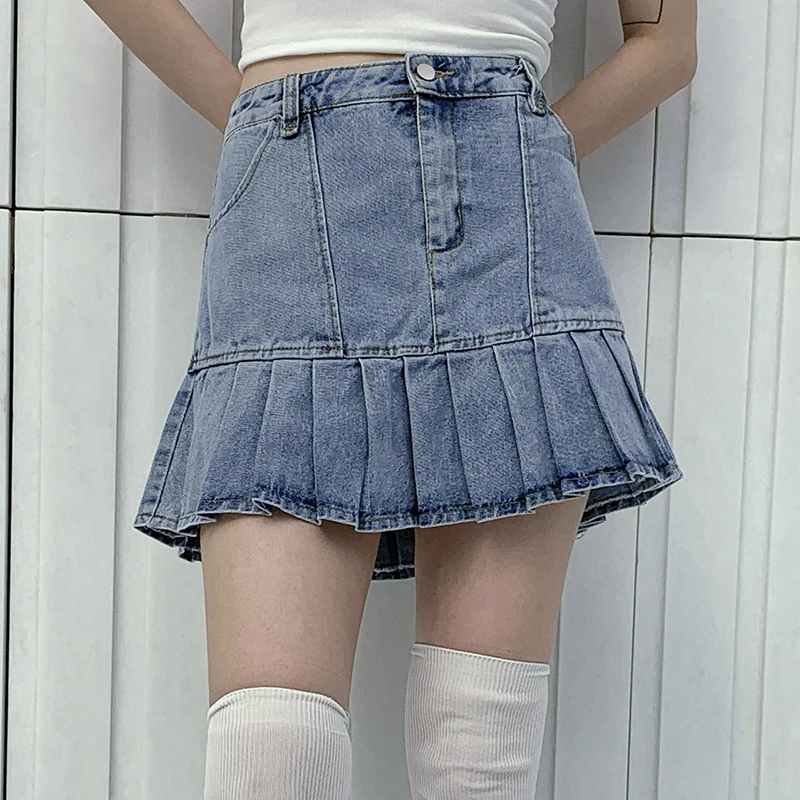 

Y2K Skirt Women Cute Summer Street Skirt Waatfaak High Waist Pleated Mini Skirt Denim Casual Harajuku Blue Pockets Preppy