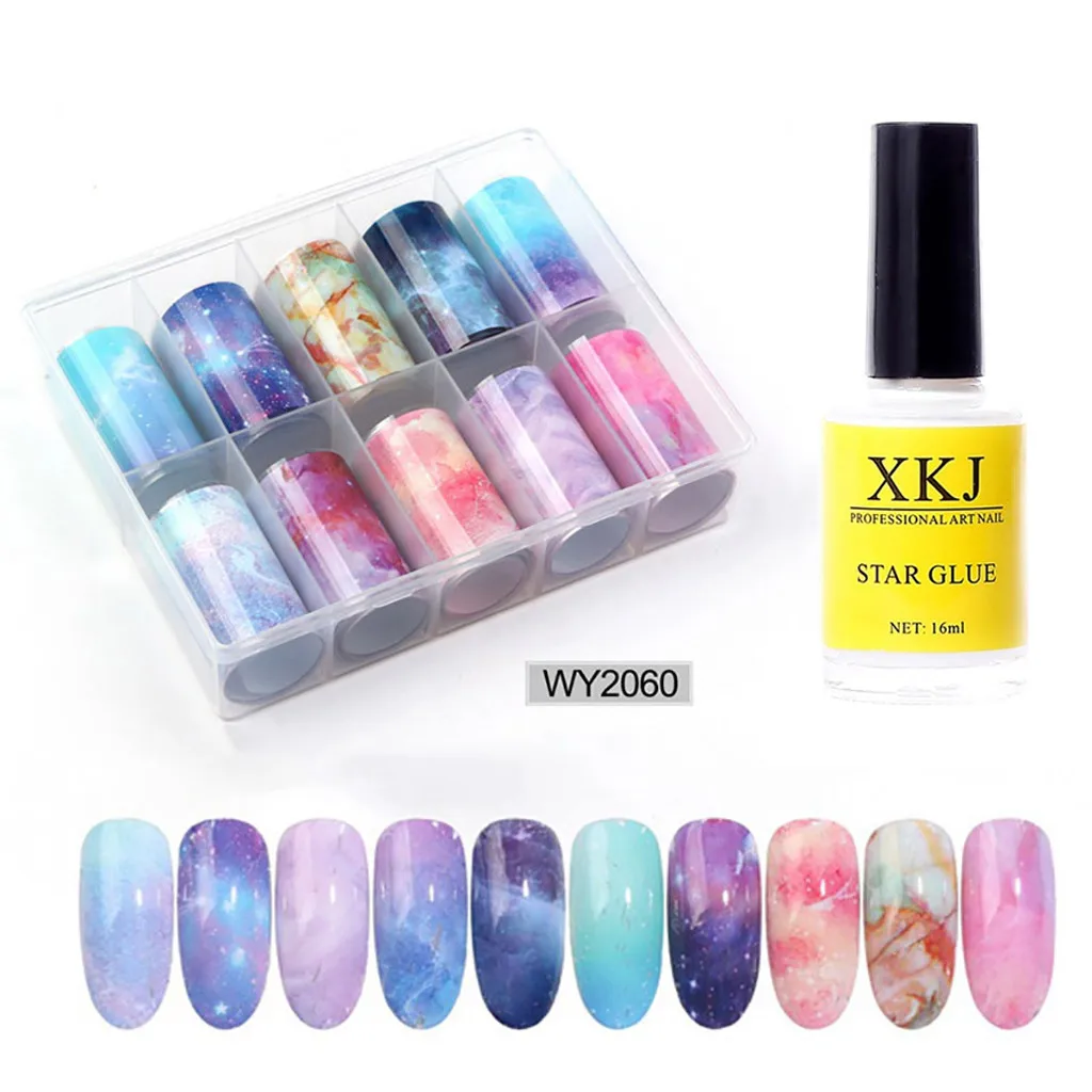Акварельные Звездные наклейки для ногтей и гель набор переводная фольга 10 цветов