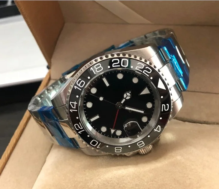 40 мм PARNIS GMT сапфировое стекло Черная Керамическая рамка Автоматическая