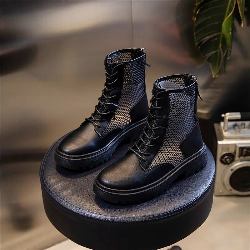 

Woman Summer Mesh Chelsea Boots Female Thick Bottom Gunuine Split Leather Women Boots Round Toe Platform Motorcycle Ankle Boots