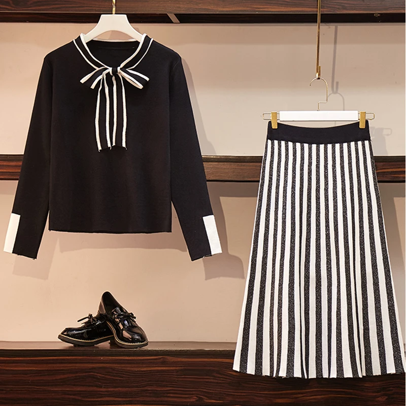 Женский комплект из 2 предметов размера плюс осенне-зимнее Полосатое платье с