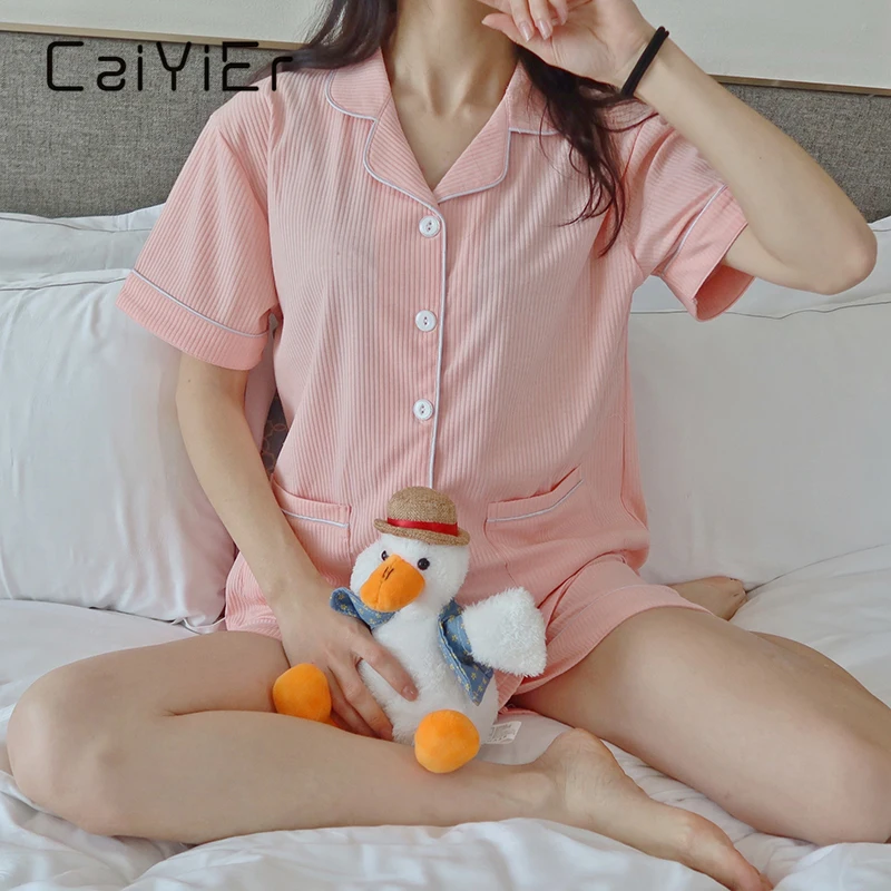 CAIYIER Cotton Pajama Set Women Summer Short Sleeve Shorts Casual Solid Contracted Girl Turn-down Collar Sleepwear Homewear