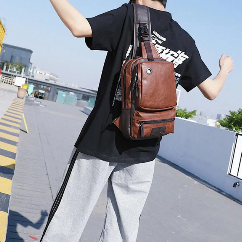 

Vintage PU Leather Men Chest Backbag Casual Fashion Male Messenger Bags Back Pack Crossbody Bags Small Sling Single Shoulder Bag