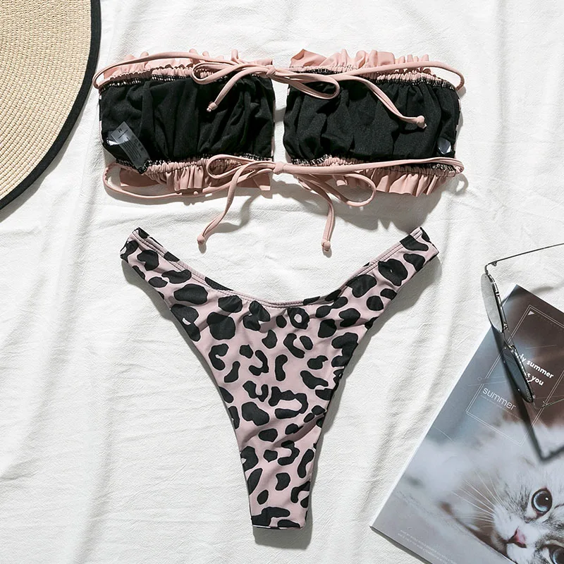 Купальник Peachtan леопардовое бикини с микро-оборками женский купальник пуш-апом